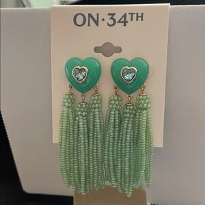 ON 34TH Green Heart Beaded Tassel Earrings